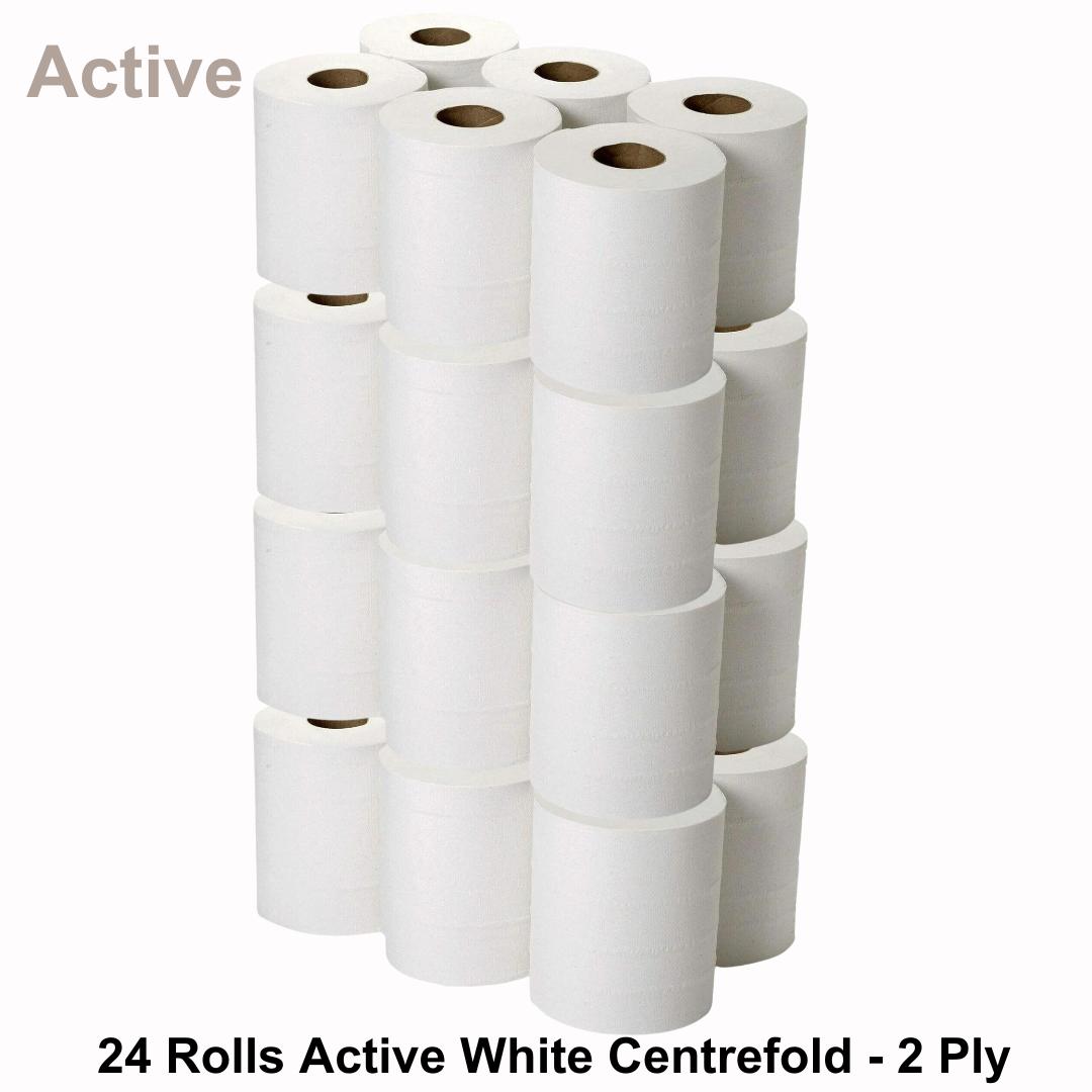 24 Rolls White Active Centerfeed 166mm x 300 Sheets Embossed 2 Ply 24 Rolls White Active Centerfeed 166mm x 300 Sheets Embossed 2 Ply